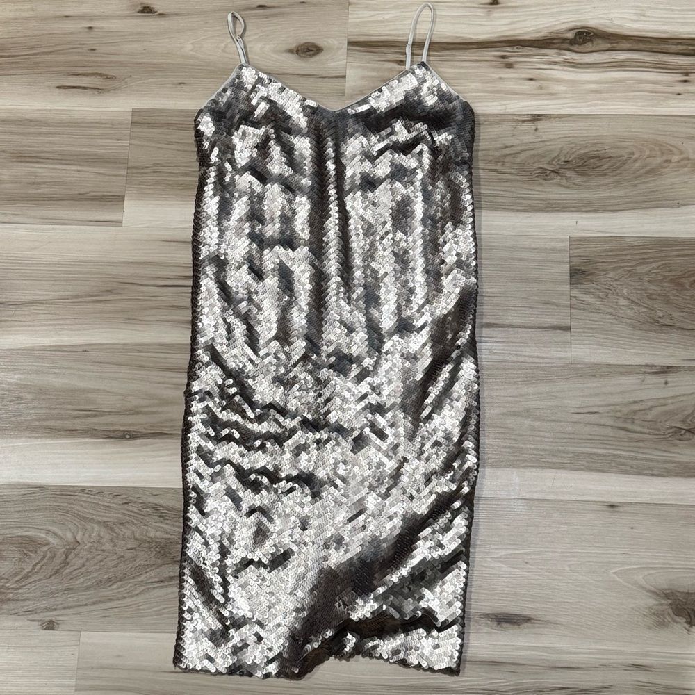 J. Crew Silver Sequin Slip Midi Dress with Spaghetti Straps